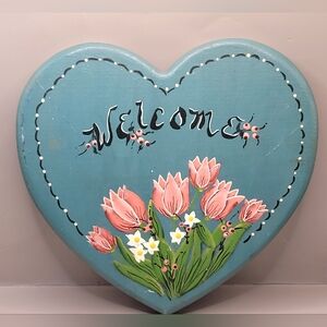Vintage Hand Painted Wooden Heart Welcome Sign Floral Folk Art Wall Decor 10"